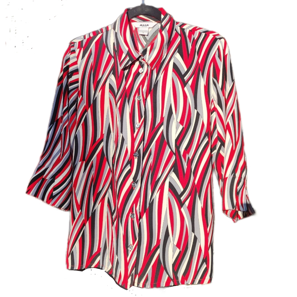 Alia Red Multi-Stripe Button-Up Women's Blouse